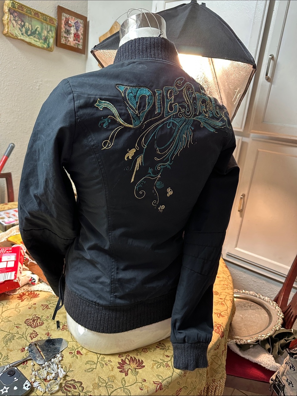 Diesel Black Bomber Jacket with Teal & Gold Embroidery - Picture 11 of 14